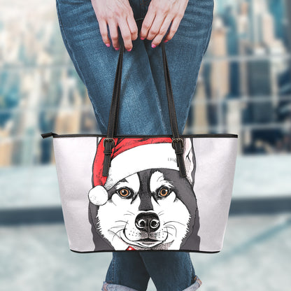 Santa Siberian Husky Print Leather Tote Bag