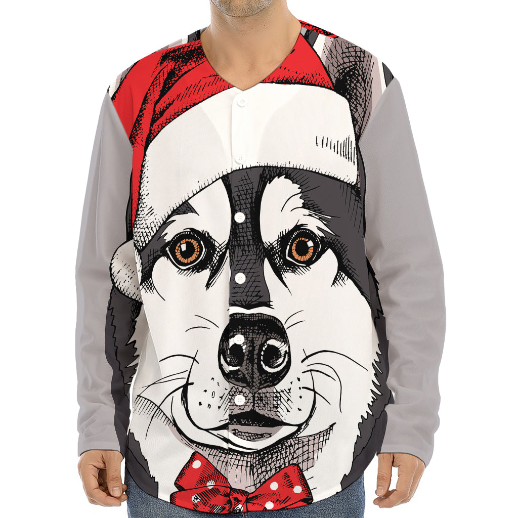 Santa Siberian Husky Print Long Sleeve Baseball Jersey