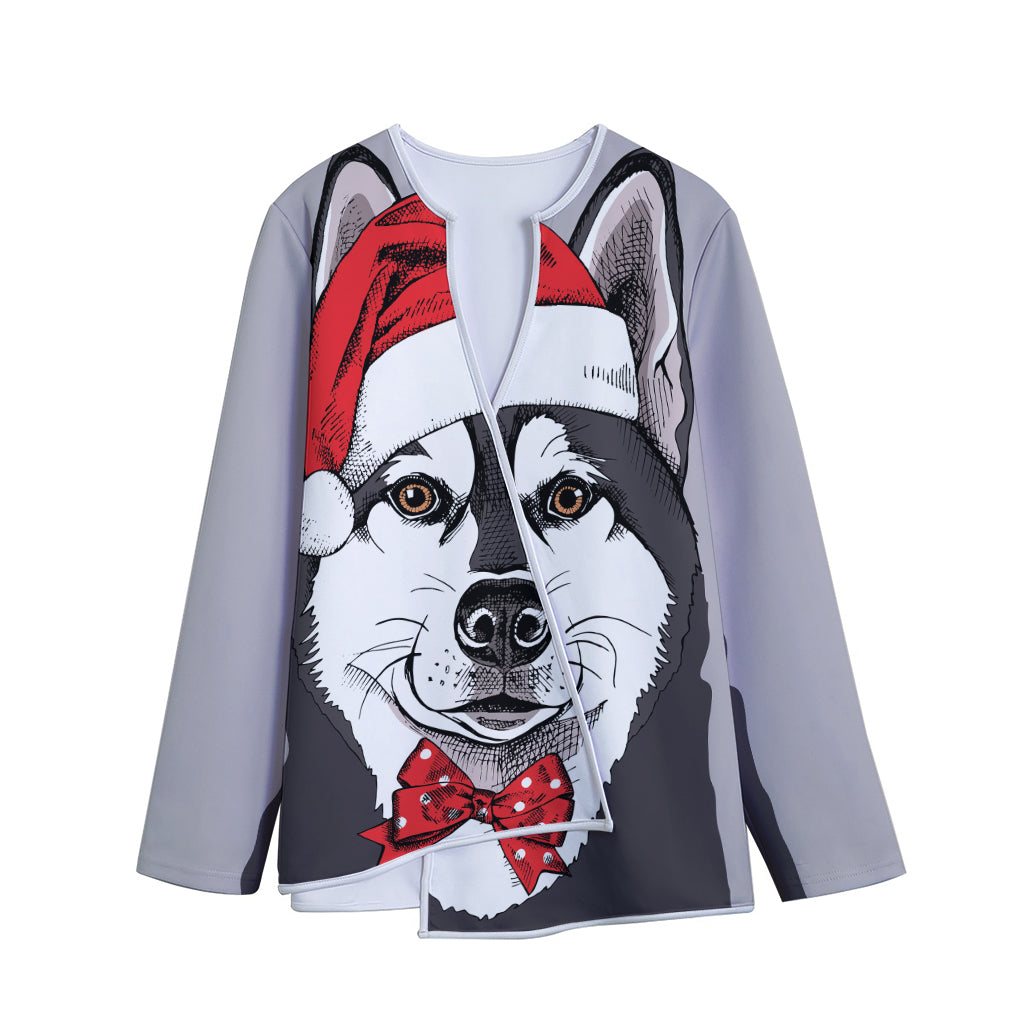 Santa Siberian Husky Print Long Sleeve Short Coat