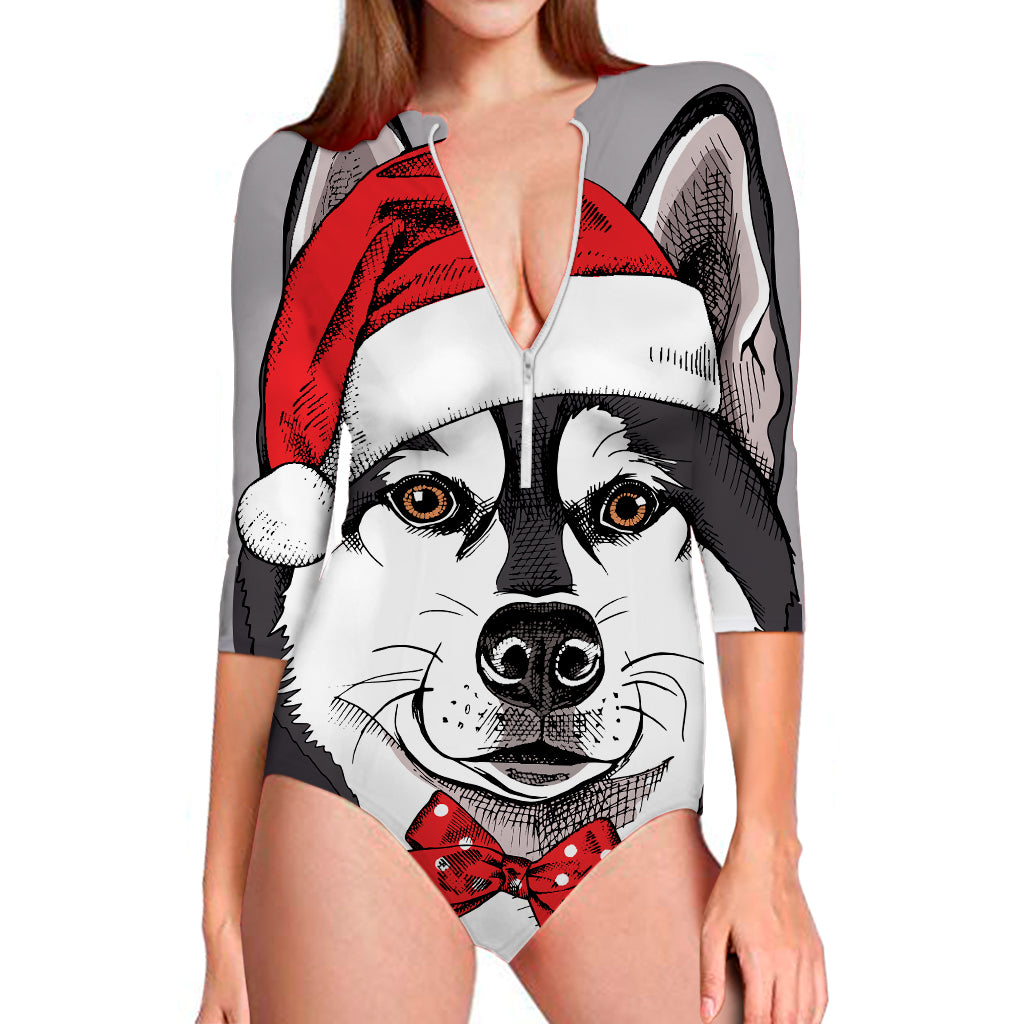 Santa Siberian Husky Print Long Sleeve Swimsuit