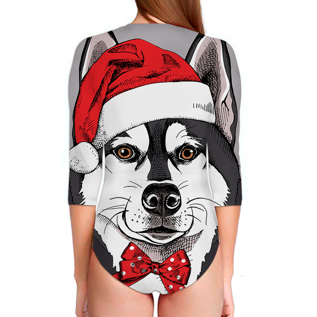 Santa Siberian Husky Print Long Sleeve Swimsuit