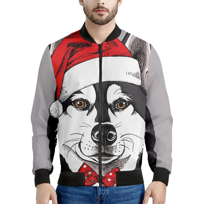 Santa Siberian Husky Print Men's Bomber Jacket