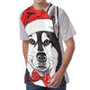 Santa Siberian Husky Print Men's Velvet T-Shirt