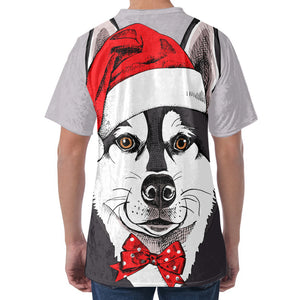 Santa Siberian Husky Print Men's Velvet T-Shirt