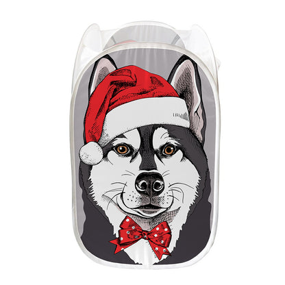 Santa Siberian Husky Print Mesh Laundry Hamper