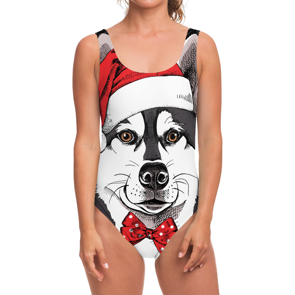 Santa Siberian Husky Print One Piece Swimsuit