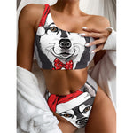 Santa Siberian Husky Print One Shoulder Bikini Top