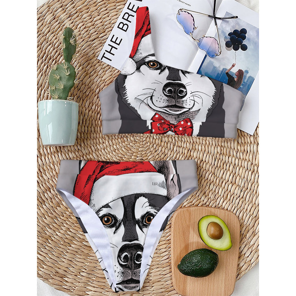 Santa Siberian Husky Print One Shoulder Bikini Top