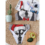 Santa Siberian Husky Print One Shoulder Bikini Top