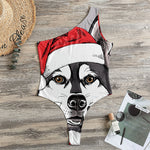 Santa Siberian Husky Print One Shoulder Bodysuit