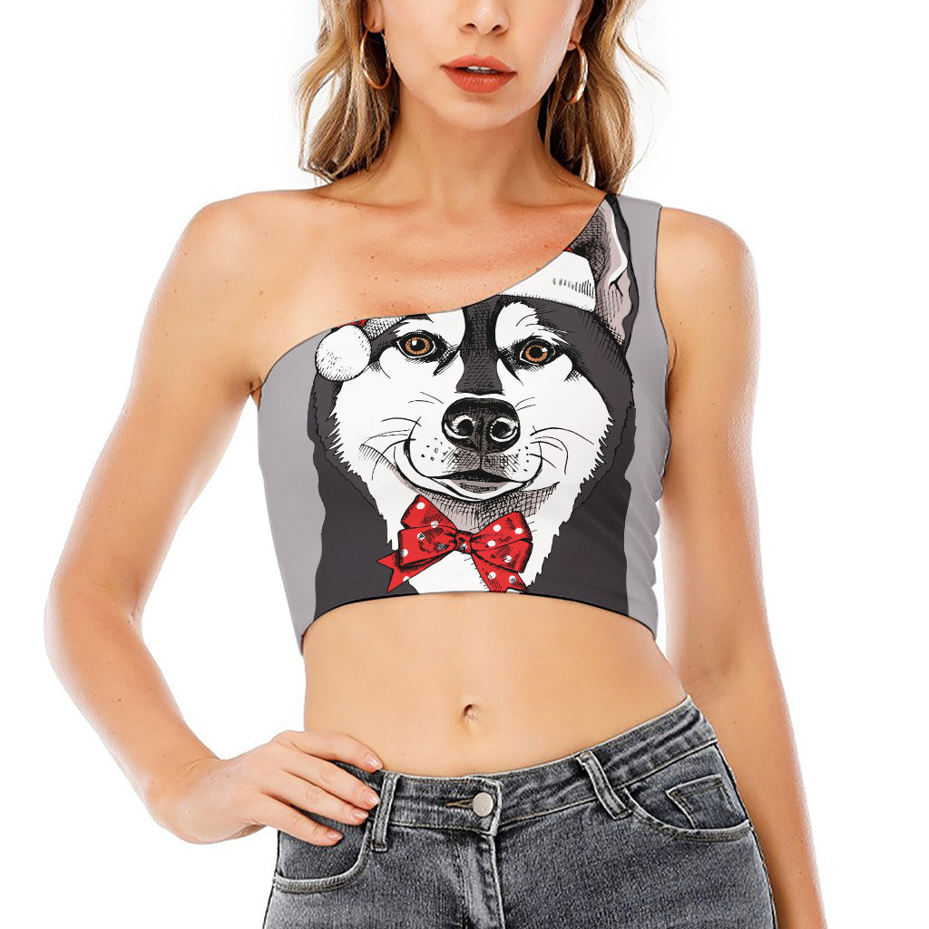 Santa Siberian Husky Print One Shoulder Crop Top
