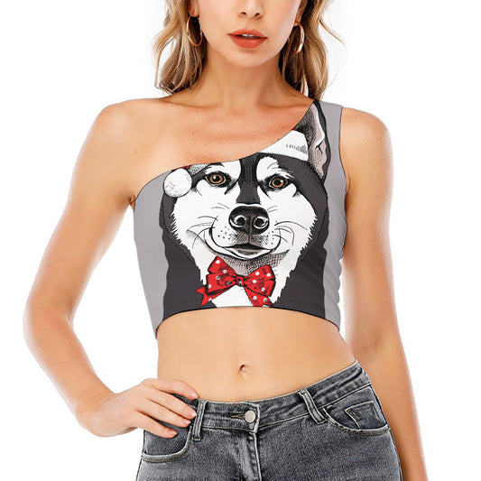 Santa Siberian Husky Print One Shoulder Crop Top