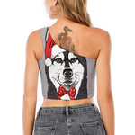 Santa Siberian Husky Print One Shoulder Crop Top