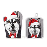 Santa Siberian Husky Print Oven Mitt And Pot Holder Set