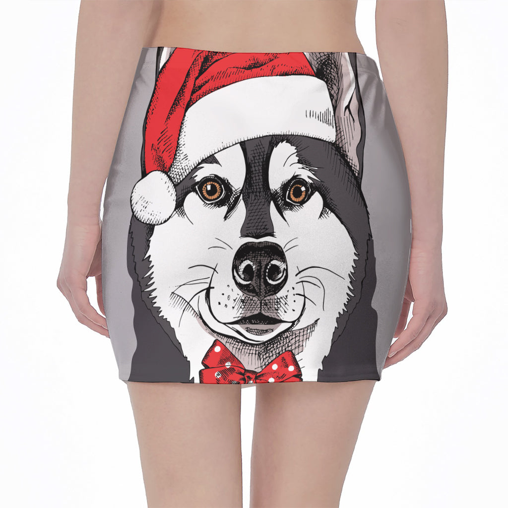 Santa Siberian Husky Print Pencil Mini Skirt