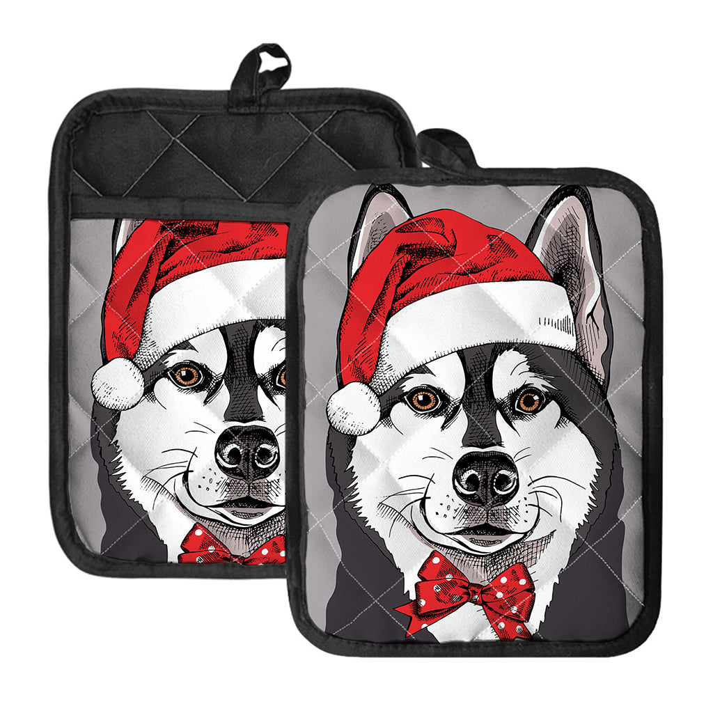 Santa Siberian Husky Print Pot Holders With Pocket