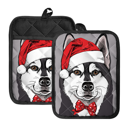 Santa Siberian Husky Print Pot Holders With Pocket
