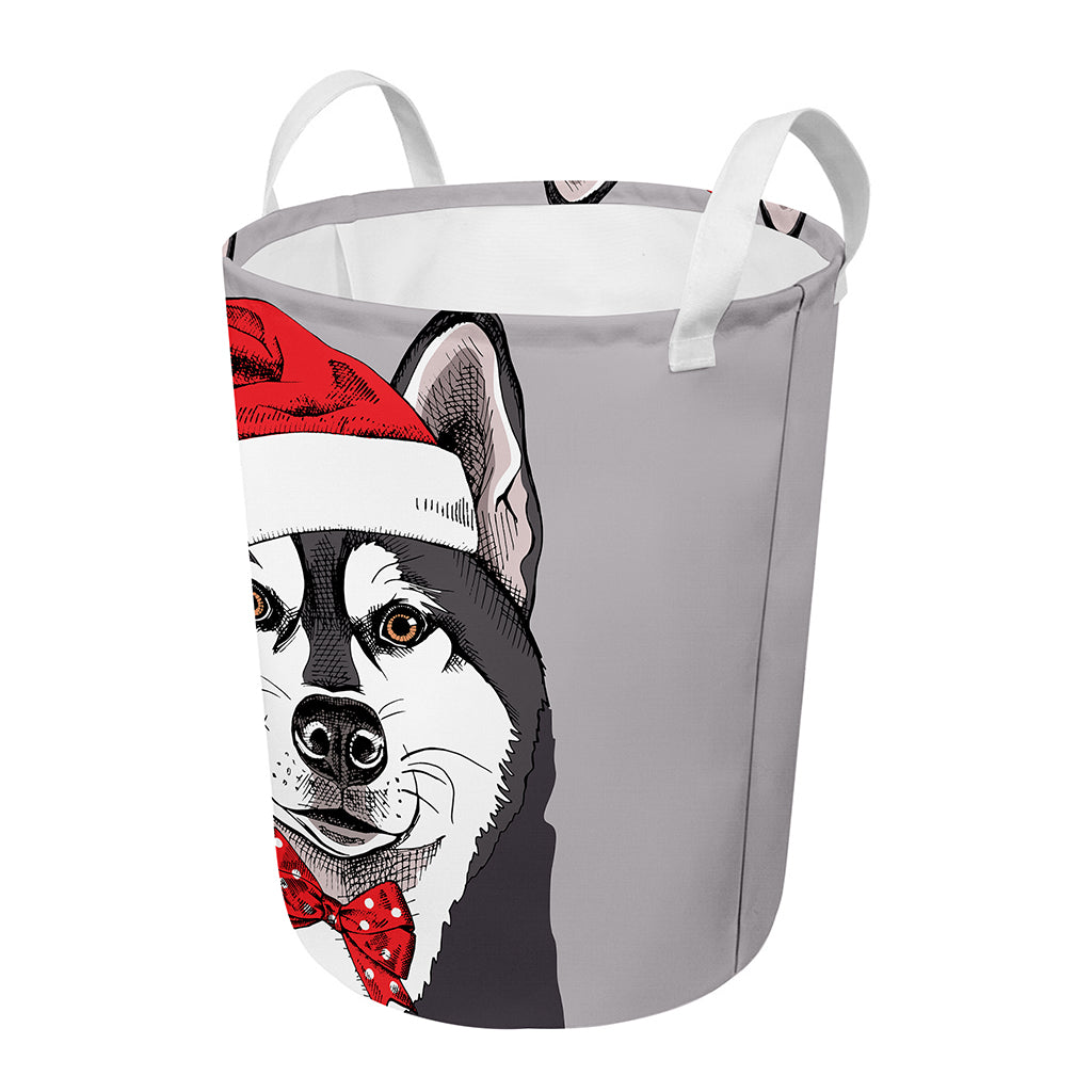 Santa Siberian Husky Print Round Laundry Basket