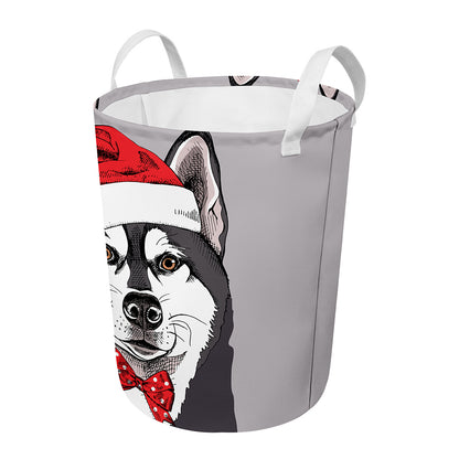 Santa Siberian Husky Print Round Laundry Basket