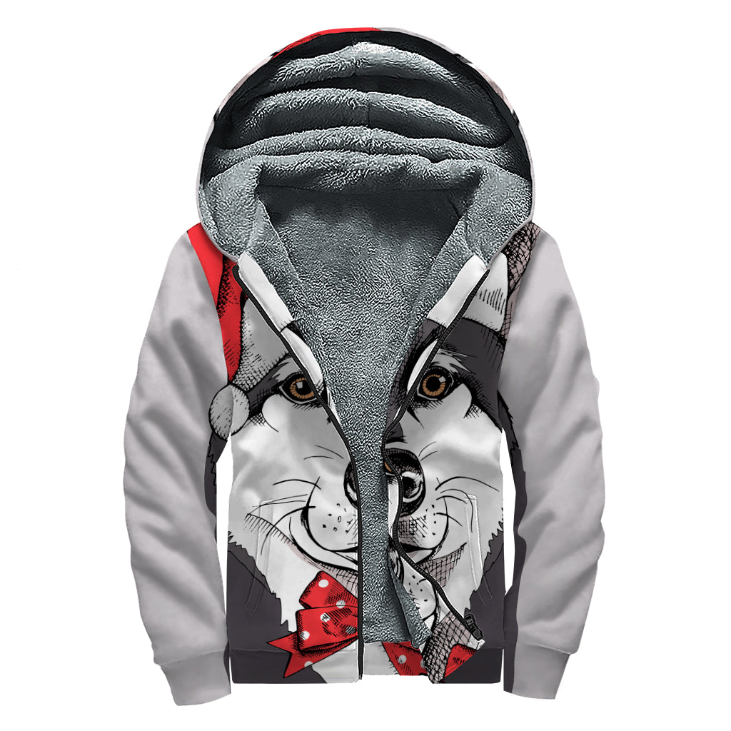Santa Siberian Husky Print Sherpa Lined Zip Up Hoodie