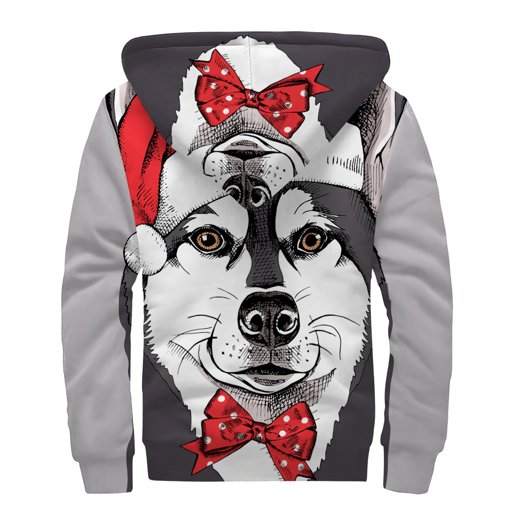 Santa Siberian Husky Print Sherpa Lined Zip Up Hoodie