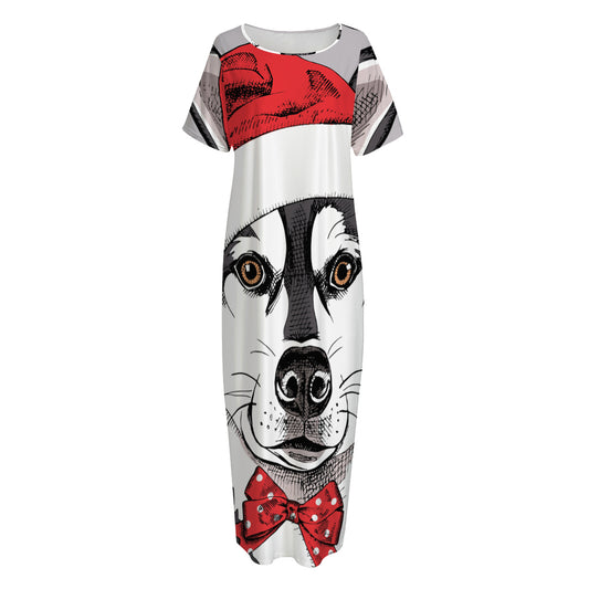 Santa Siberian Husky Print Short Sleeve Long Nightdress