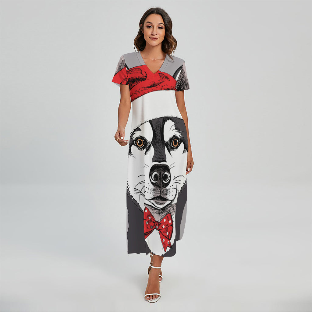 Santa Siberian Husky Print Short Sleeve Maxi Dress