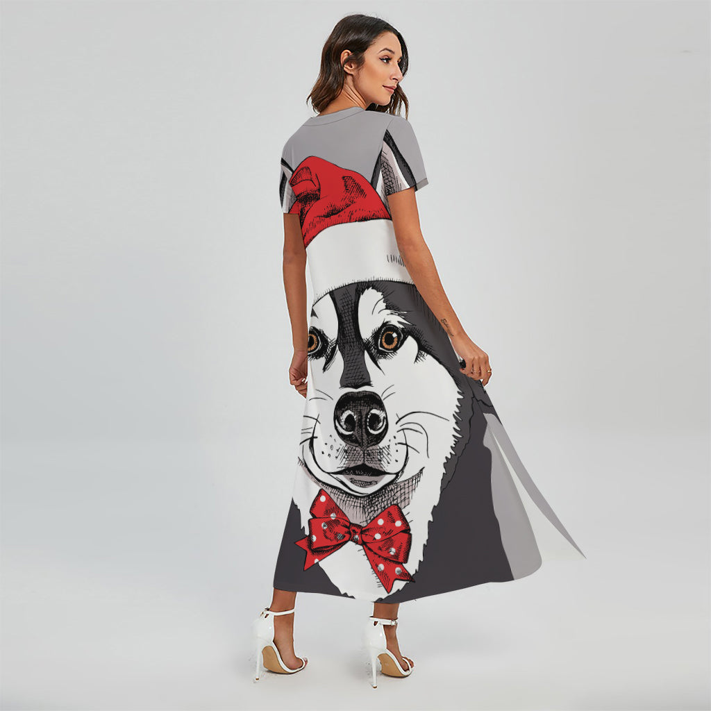 Santa Siberian Husky Print Short Sleeve Maxi Dress