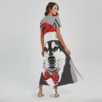 Santa Siberian Husky Print Short Sleeve Maxi Dress