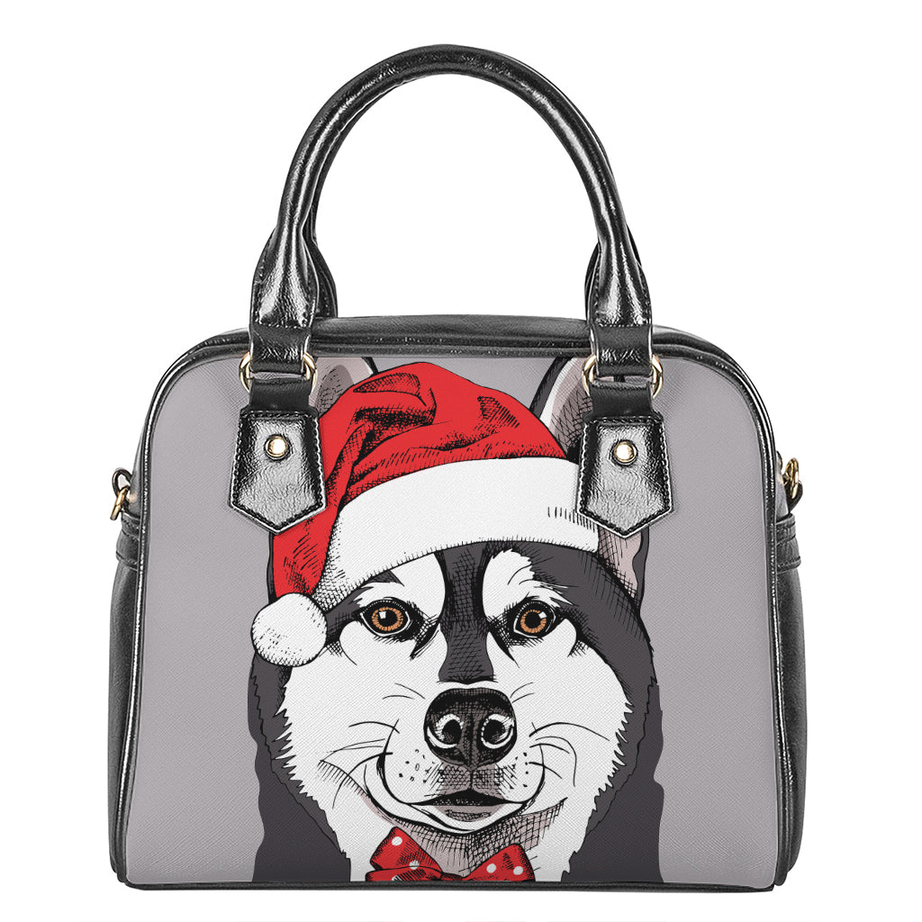 Santa Siberian Husky Print Shoulder Handbag
