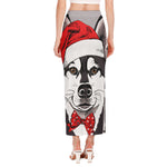Santa Siberian Husky Print Side Slit Maxi Skirt