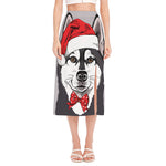 Santa Siberian Husky Print Side Slit Midi Skirt