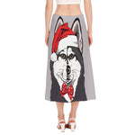 Santa Siberian Husky Print Side Slit Midi Skirt