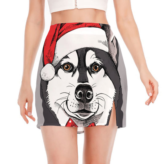 Santa Siberian Husky Print Side Slit Mini Skirt