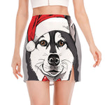 Santa Siberian Husky Print Side Slit Mini Skirt
