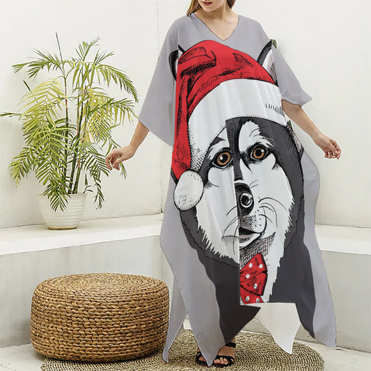 Santa Siberian Husky Print Silk V-Neck Kaftan Dress
