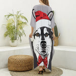 Santa Siberian Husky Print Silk V-Neck Kaftan Dress