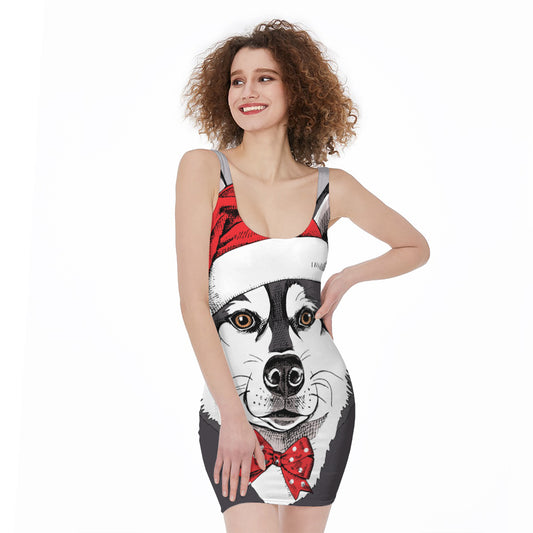Santa Siberian Husky Print Sleeveless Bodycon Dress