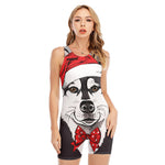 Santa Siberian Husky Print Sleeveless One Piece Swimsuit