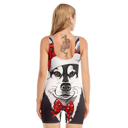 Santa Siberian Husky Print Sleeveless One Piece Swimsuit