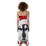 Santa Siberian Husky Print Slim Fit Midi Cami Dress