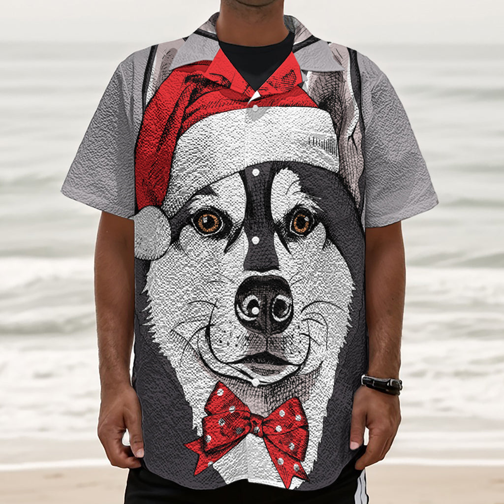 Santa Siberian Husky Print Textured Short Sleeve Shirt
