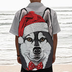 Santa Siberian Husky Print Textured Short Sleeve Shirt