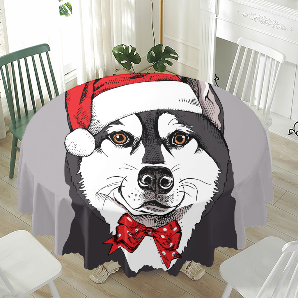Santa Siberian Husky Print Waterproof Round Tablecloth