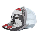 Santa Siberian Husky Print White Mesh Trucker Cap