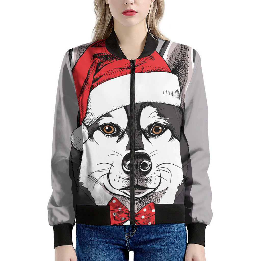 Santa Siberian Husky Print Women's Bomber Jacket