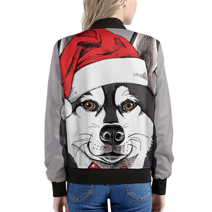 Santa Siberian Husky Print Women's Bomber Jacket