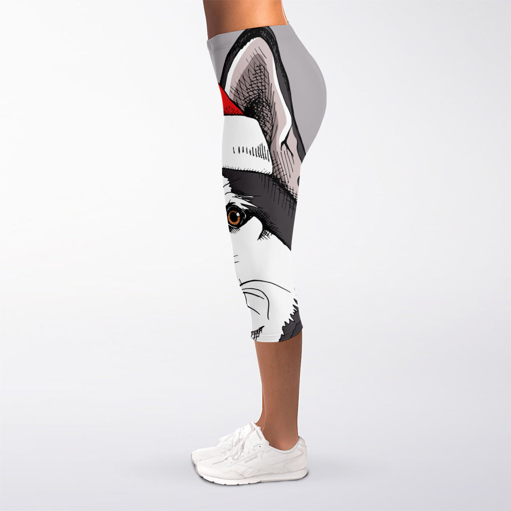 Santa Siberian Husky Print Women's Capri Leggings