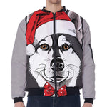 Santa Siberian Husky Print Zip Sleeve Bomber Jacket