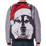 Santa Siberian Husky Print Zip Sleeve Bomber Jacket